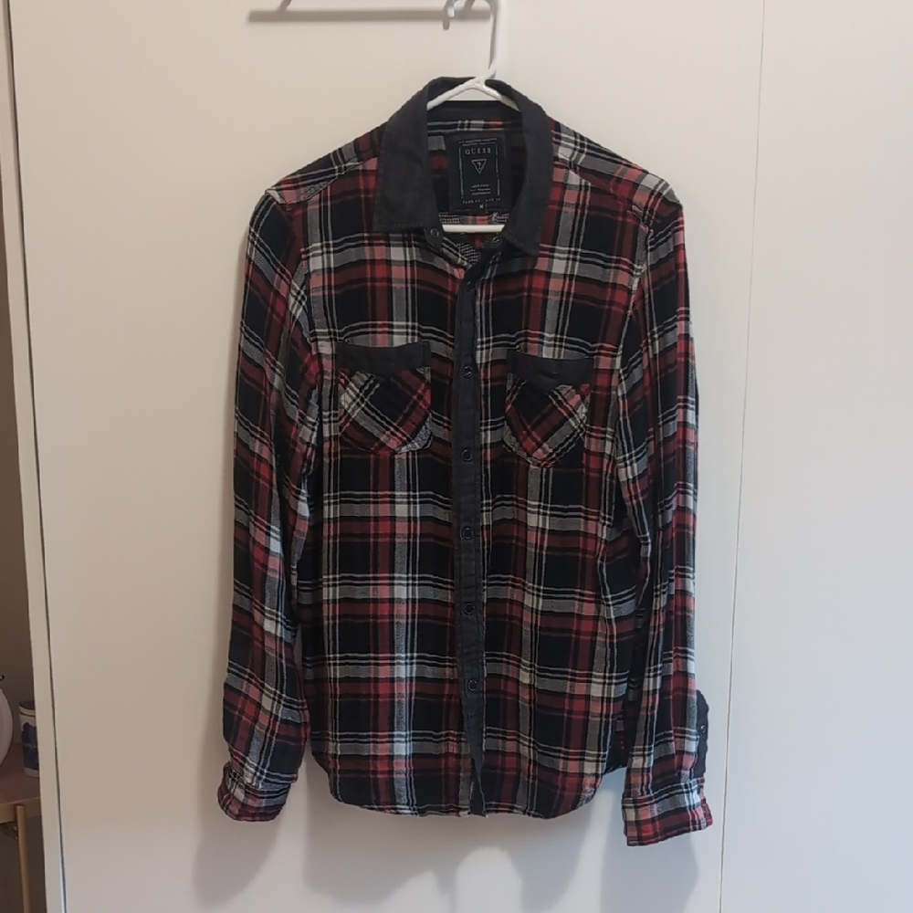 Guess Black and Red Plaid Button Down Shirt